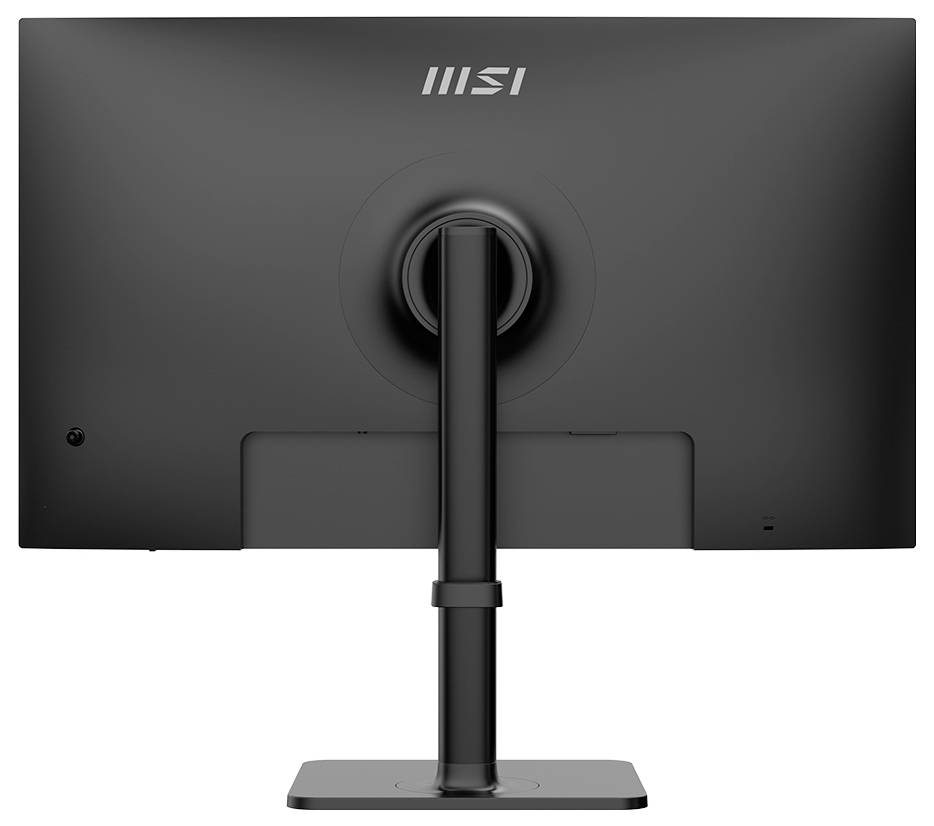 Een zwarte computermonitor gezien van achteren, met het merklogo bovenaan. Hij staat gemonteerd op een standaard met een rechthoekige voet.