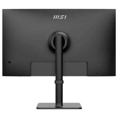 Een zwarte computermonitor gezien van achteren, met het merklogo bovenaan. Hij staat gemonteerd op een standaard met een rechthoekige voet.