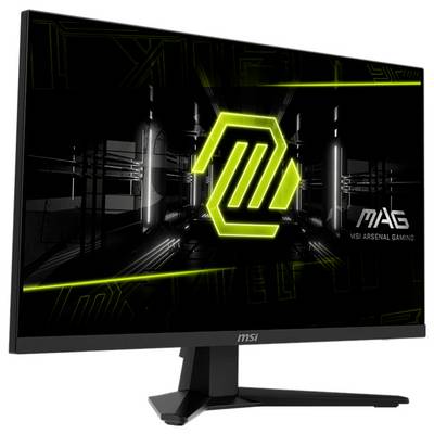 Een computermonitor die een futuristisch ontwerp toont met de tekst 'MAG MSI Arsenal Gaming' en een oplichtend geometrisch pictogram in het midden.