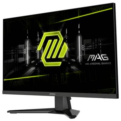 Een gamingmonitor die een futuristisch, neon groen logo toont op een donkere achtergrond met de tekst 'MAG' en 'MSI Arsenal Gaming' op het scherm.