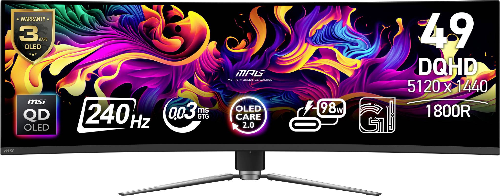 'MSI QD OLED 49" gamingmonitor met 240Hz verversingssnelheid, 1800R kromming en 5120x1440 DQHD-resolutie, met levendige kleuren.'