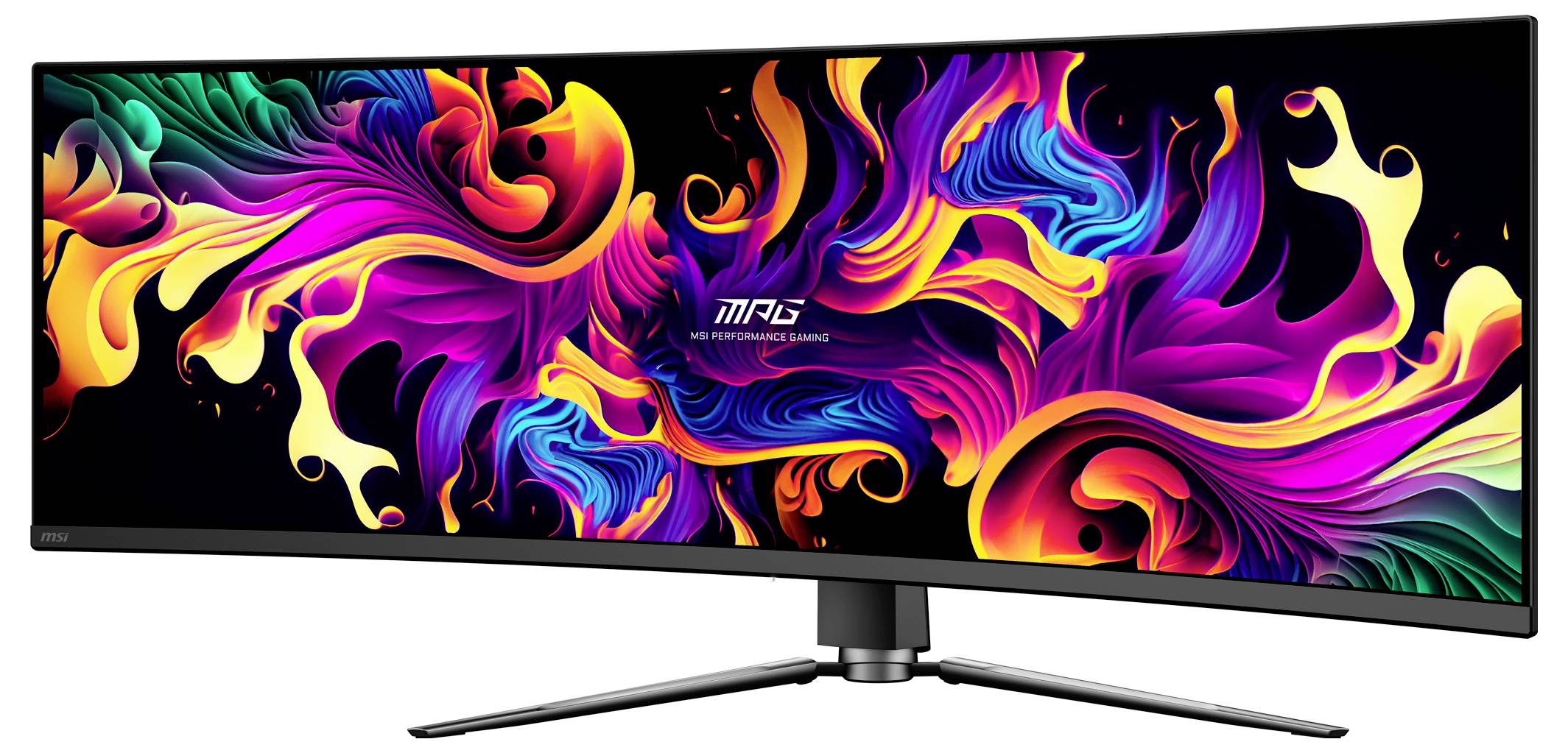 Ultrawide gekromde monitor met levendige, abstracte kleurenwervels, ideaal voor meeslepende visuele ervaringen of artistieke weergaven.
