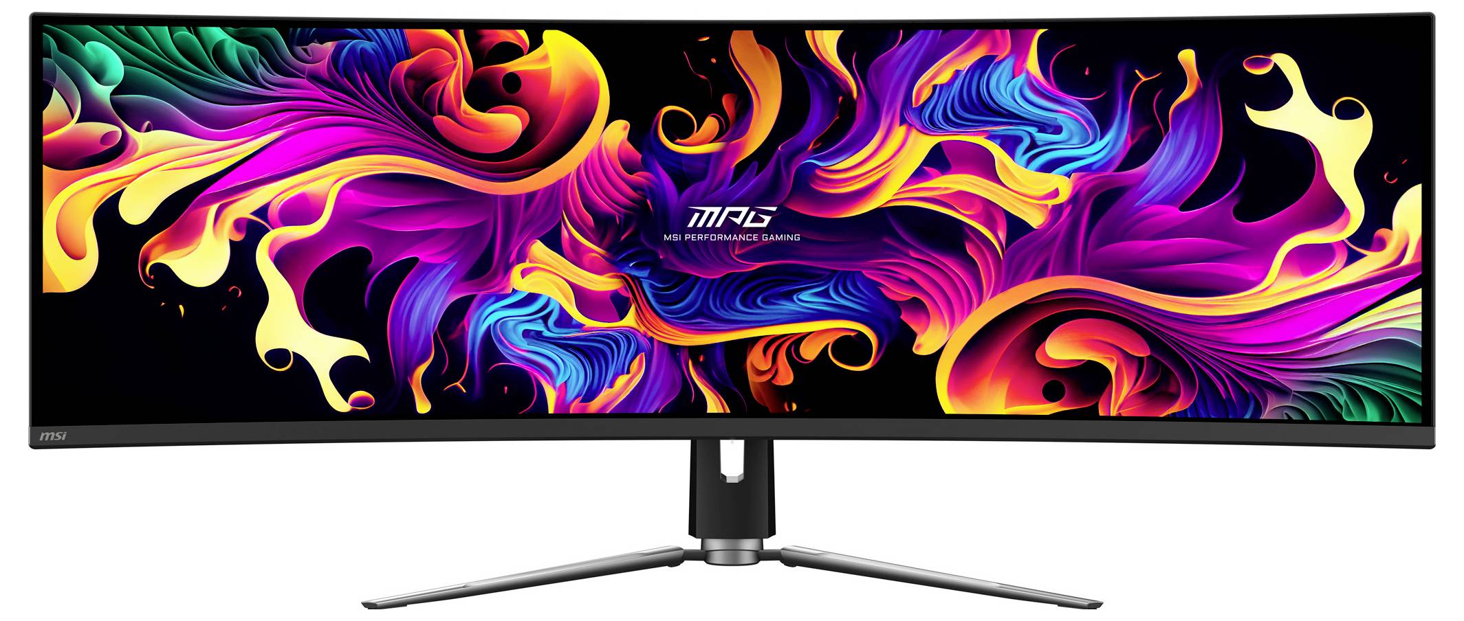 Een ultra-brede gebogen monitor die levendige, draaiende abstracte kleuren vertoont met de tekst 'MPG' in het midden.