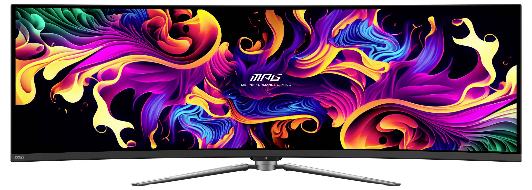 Een brede gebogen gamingmonitor die levendige, abstracte kleurrijke wervelingen op het scherm toont, met een strak zilveren standaard aan de onderkant.