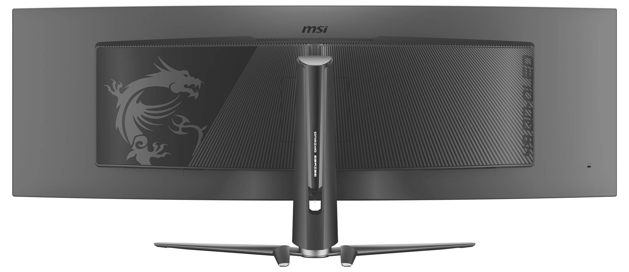 Achteraanzicht van een brede, gebogen MSI-computermonitor met een drakenmotief op het achterpaneel, voorzien van een gebogen standaard.