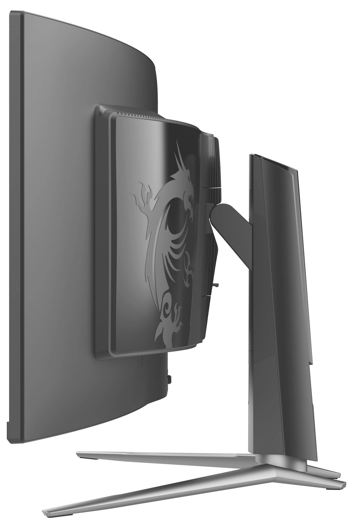 Een zijaanzicht van een slanke, moderne computermonitor met een drakenmotief op het achterpaneel. De monitor is gebogen met een minimalistische standaard.