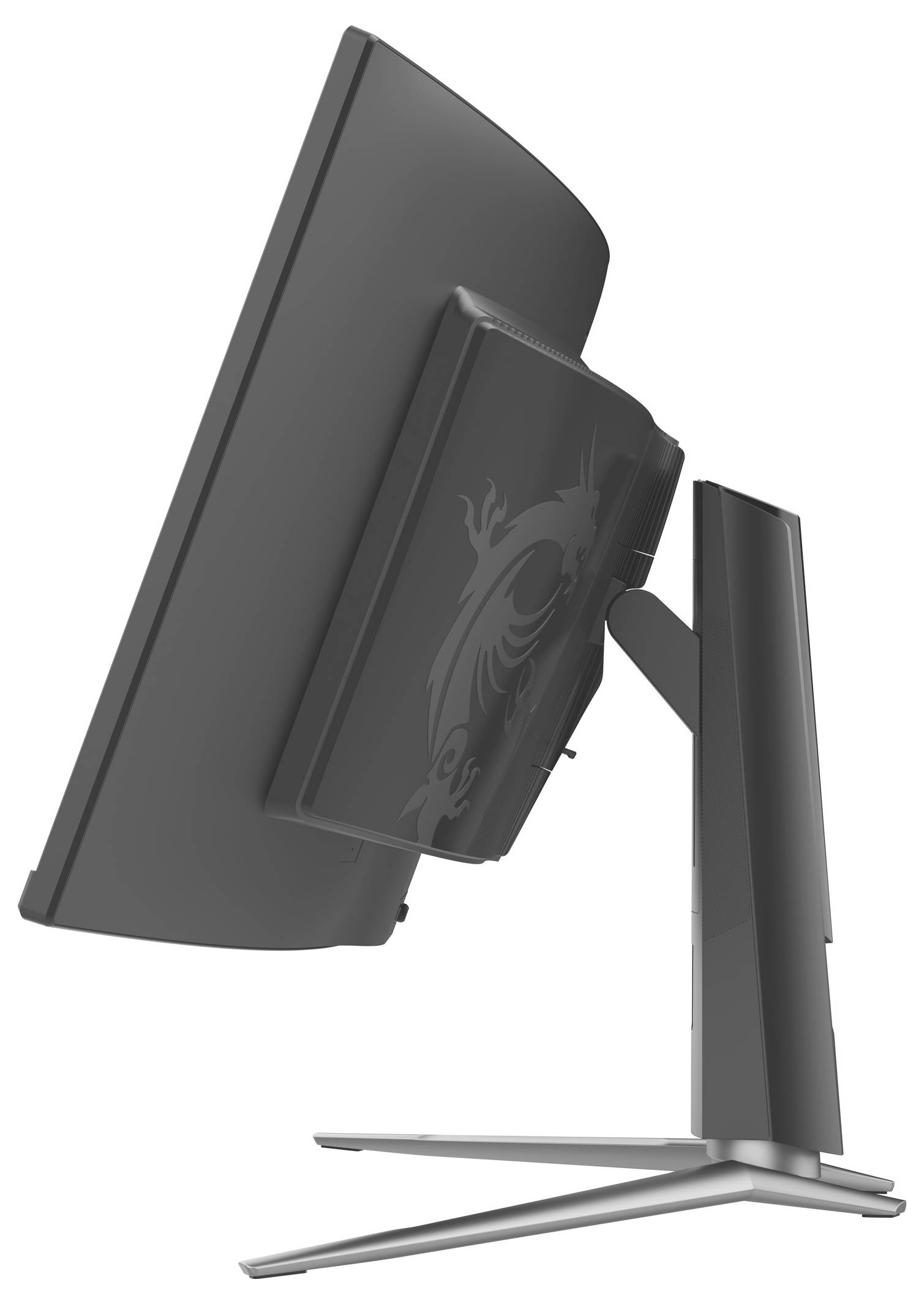 Een zijaanzicht van een gebogen computermonitor op een standaard, waarbij de slanke profielopbouw en de verstelbare kantelhoek worden getoond.