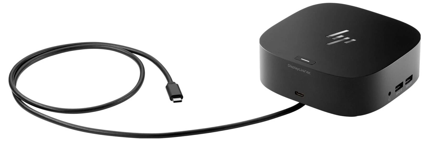 'Een zwarte HP dockingstation met USB-C kabel, voorzien van meerdere poorten waaronder HDMI en USB voor apparaataansluiting.'
