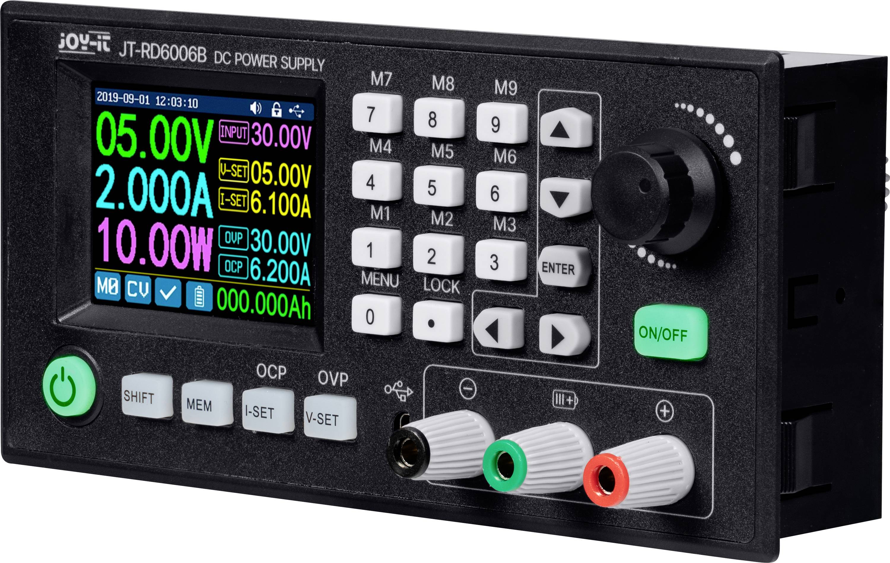'JT-RD6006B gelijkspanningsbron' bedieningspaneel met weergave van '5,00V' en '2,000A'. Omvat LCD-scherm, toetsenbord en hoofdbesturingselementen.