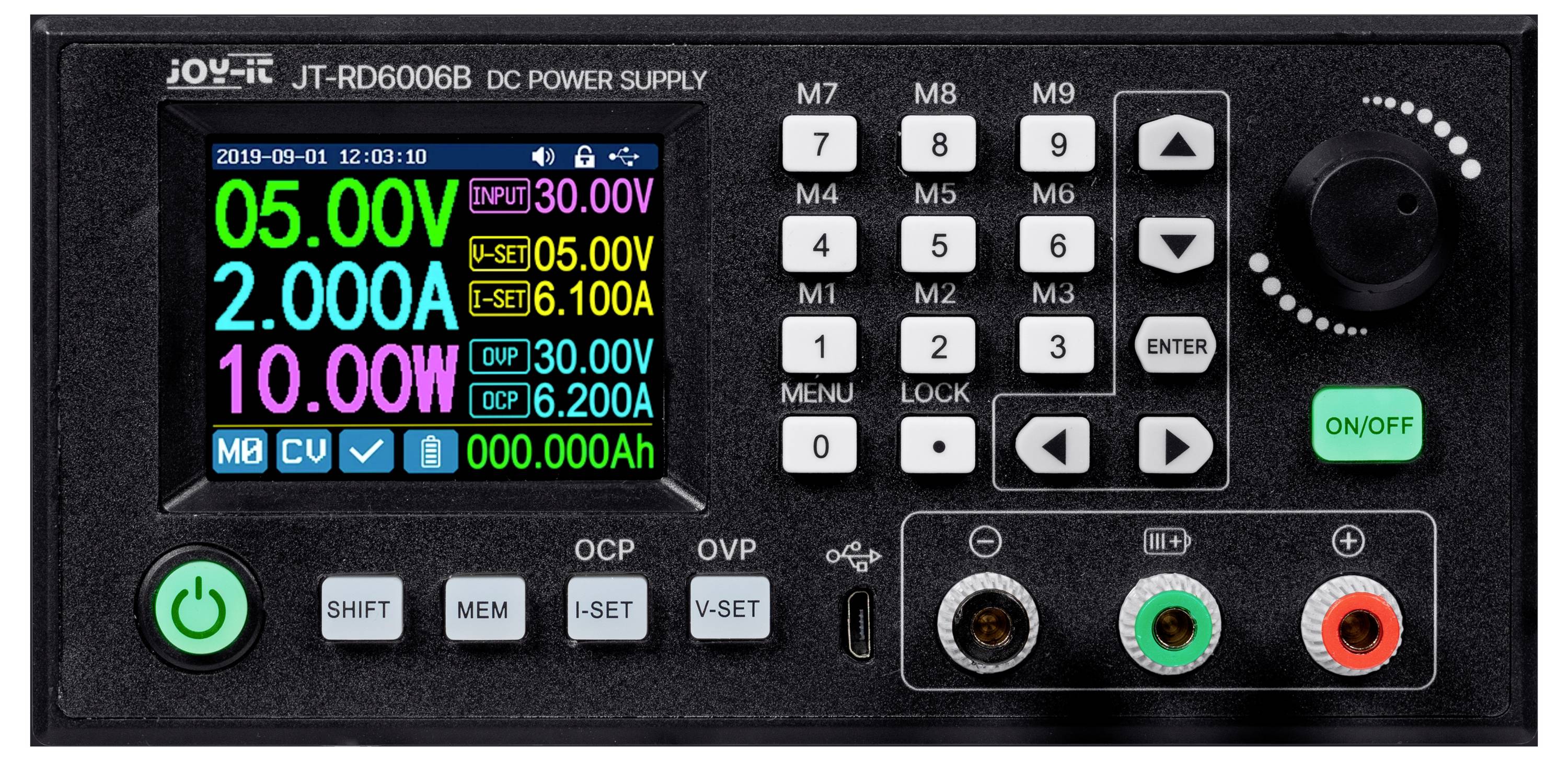 'JT-RD6006B gelijkspanningsbron' bedieningspaneel met digitaal display dat spanning (5,00V), stroom (2,00A) en vermogen (10,00W) weergeeft. Verschillende knoppen en draaiknoppen voor aanpassingen zijn aanwezig.