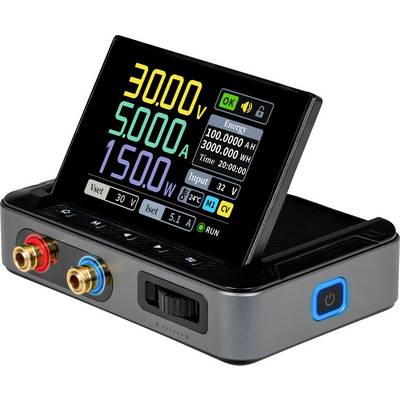Digitale weergave van een voedingseenheid met: '30.00V, 5.00A, 150.0W'. Aanvullende gegevens lezen '100.000AH energie, 3000.00WH'. Ingang ingesteld op '32V'.