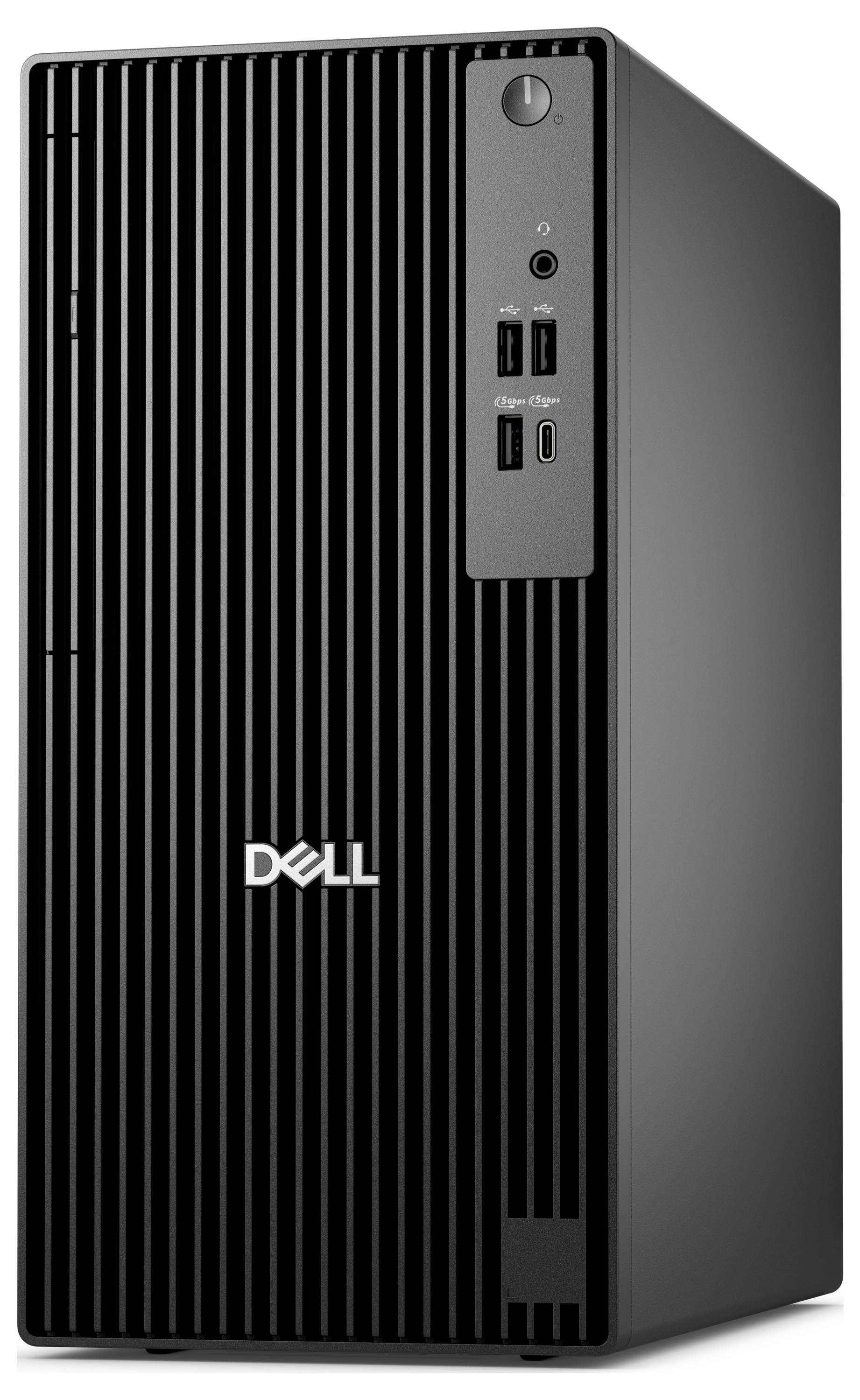 Een zwarte Dell desktopcomputer-toren met verticale lijnen op het voorpaneel, voorzien van een aan/uit-knop, USB-poorten en een koptelefoonaansluiting.