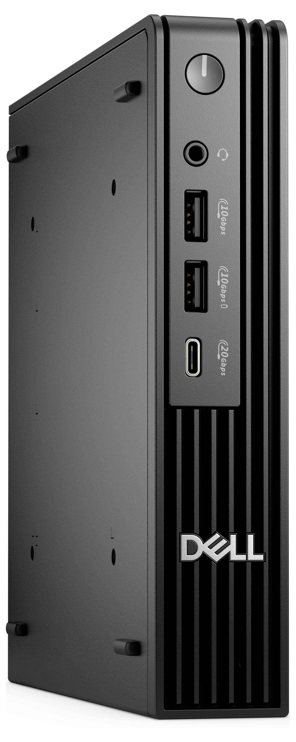 Een strak, verticaal zwart computertoren met een aan/uit-knop, twee USB-poorten, een audio-aansluiting en het Dell-logo op het voorpaneel.