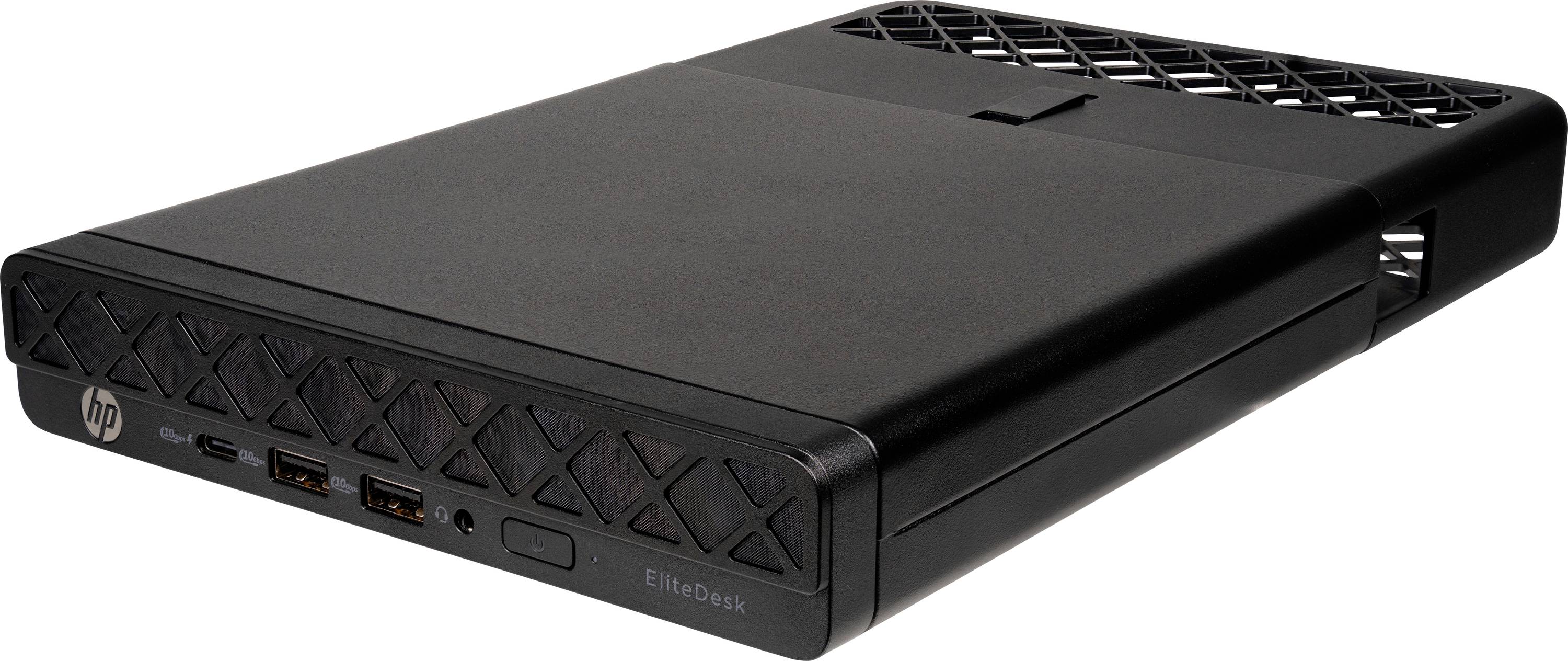'HP EliteDesk' mini desktop in een strak, zwart design. Voorpaneel toont USB-poorten en aan/uit-knop. Compacte vormfactor geschikt voor krappe ruimtes.