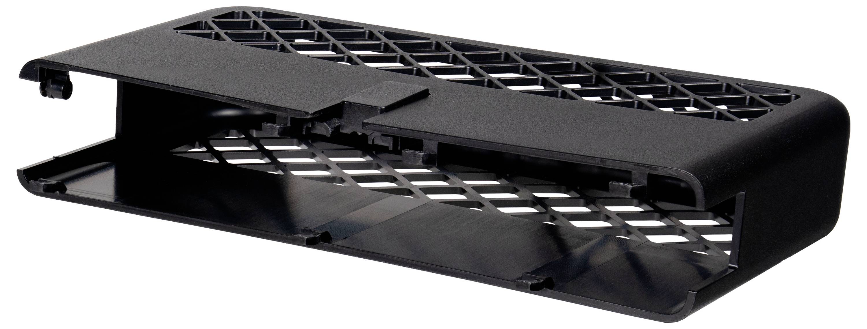 Een zwarte plastic ventilatieopening met een gelaagd design, mogelijk een onderdeel voor luchtstroom in elektronica of apparaten.