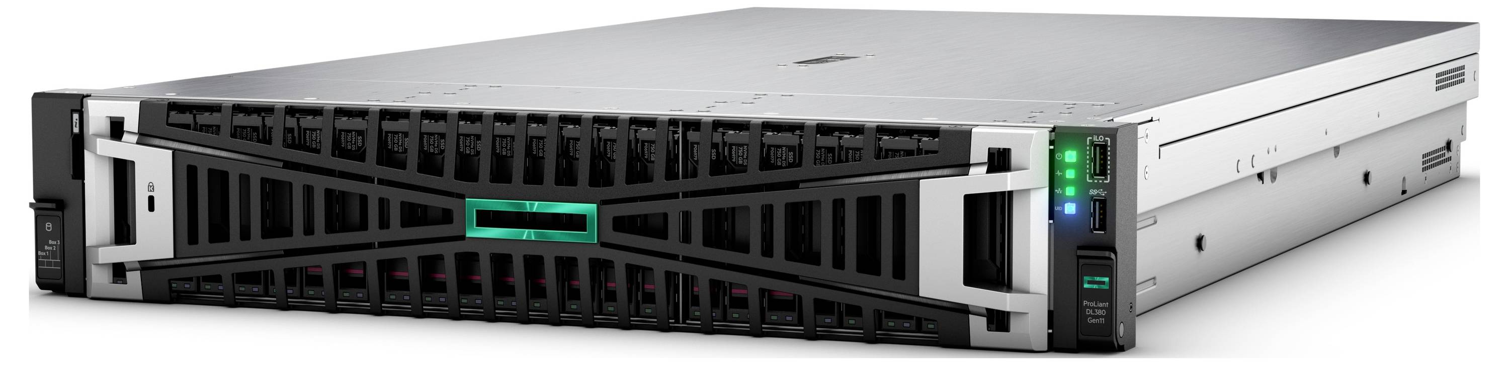 Een rack-mountbare server met indicatorlampjes op het frontpaneel, met een zilver en zwart ontwerp, geschikt voor gebruik in een datacenter.