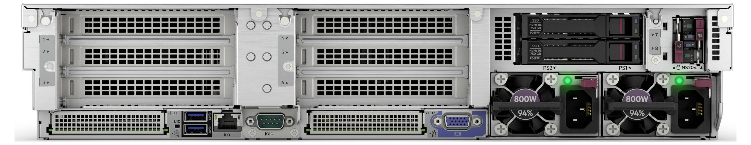 Het achterpaneel van een server toont sleuven voor uitbreidingskaarten, voedingseenheden met ventilatoren, en verschillende poorten voor connectiviteit.