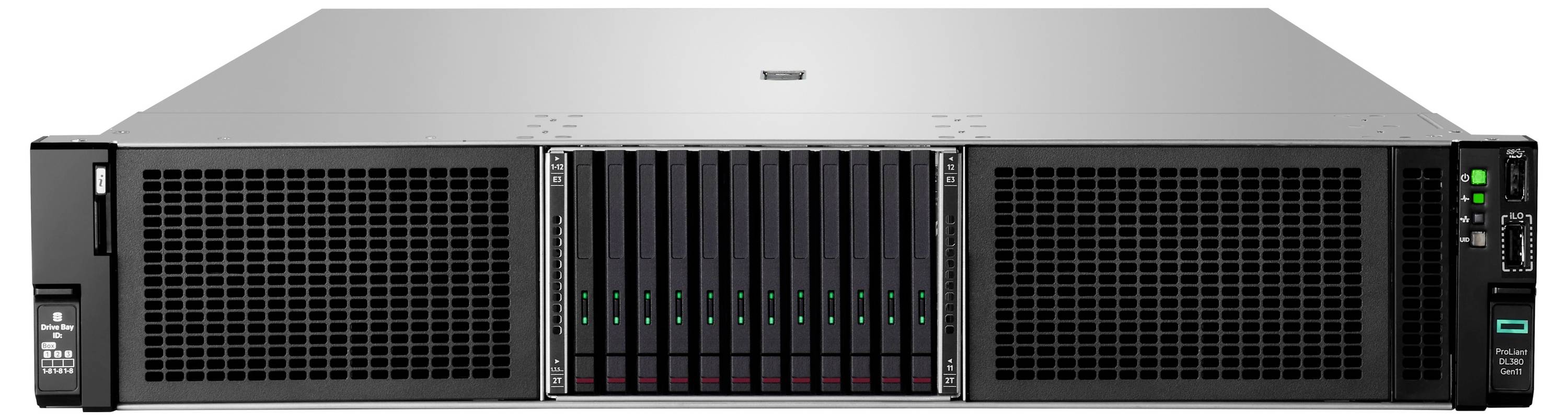 Een zwarte en zilveren netwerkserver met meerdere schijfruimtes en LED-indicatoren, gebruikt in data-opslag- en computeromgevingen.