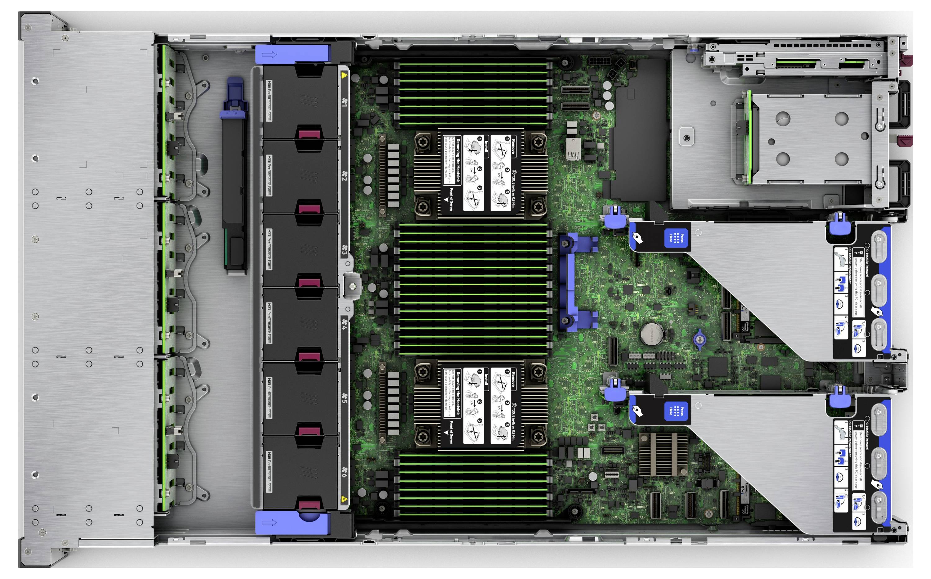 Serverinternals met CPU-warmteafvoerblokken, RAM-sleuven, koelventilatoren en twee uitbreidingskaarten. Componenten zijn symmetrisch gerangschikt.