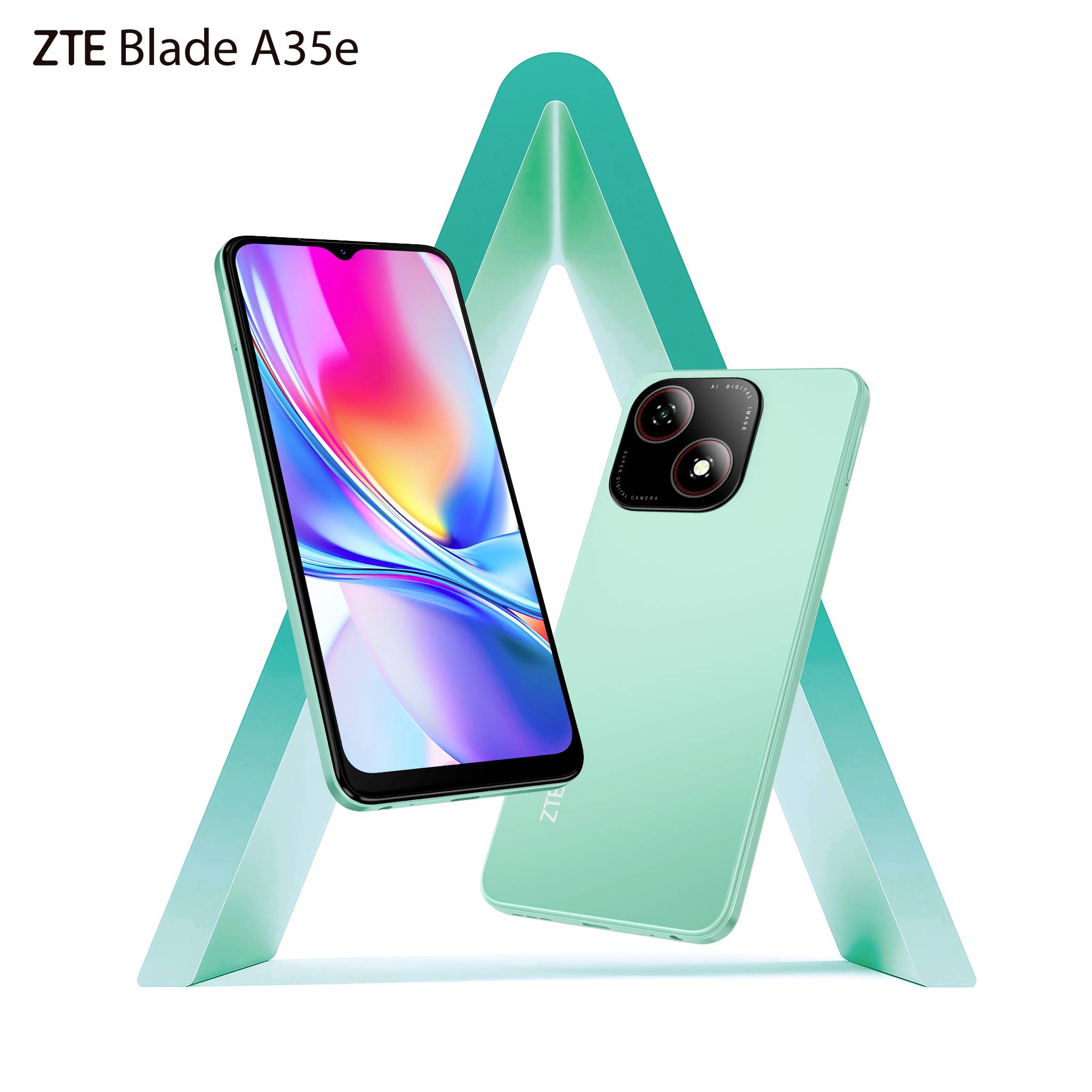 De afbeelding toont twee ZTE Blade A35e telefoons met kleurrijke schermen, tentoongesteld op een groene driehoekige standaard.