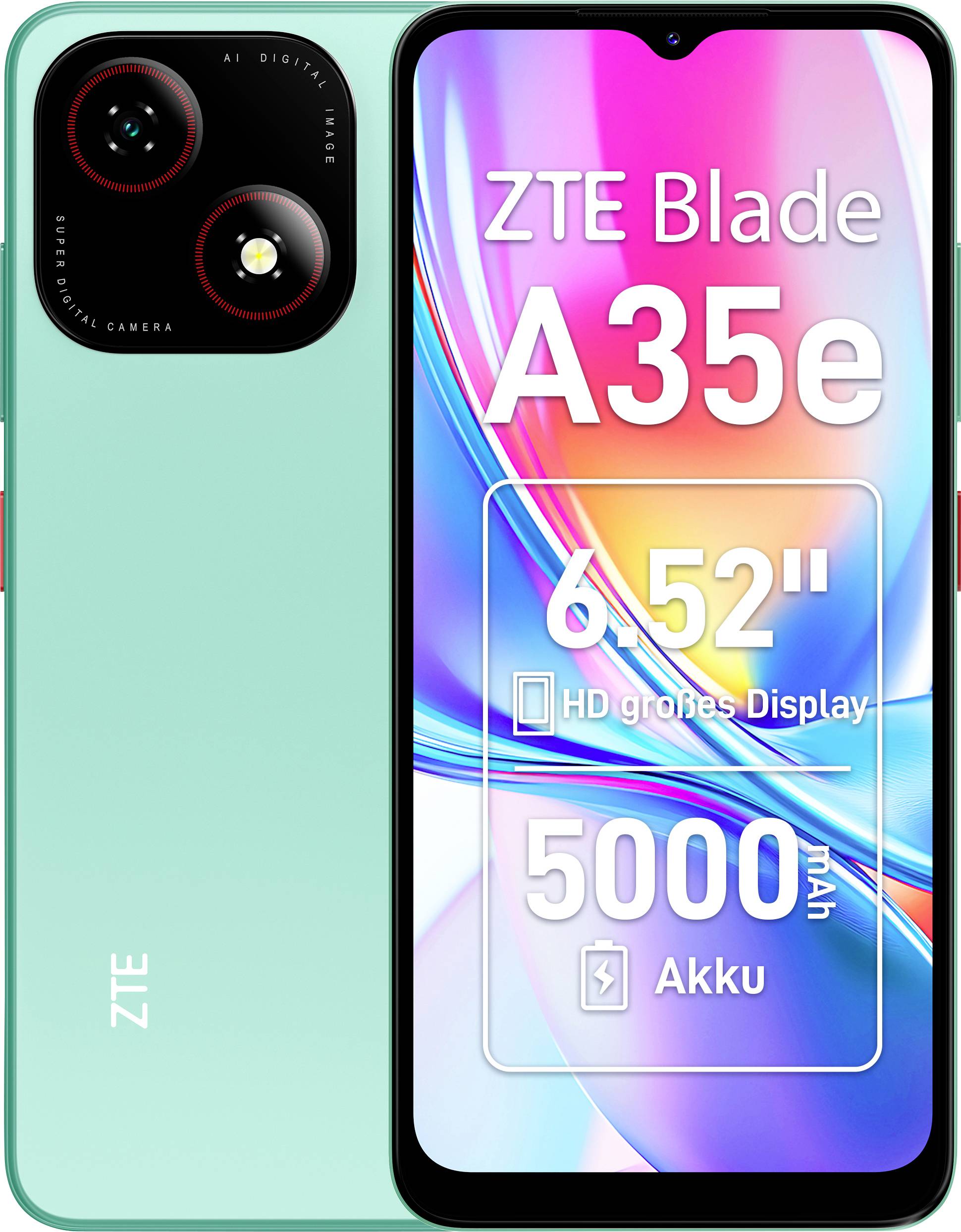 'ZTE Blade A35e' smartphone displayhoogtepunten: '6,52" HD groot display', '5000 mAh accu', met de nadruk op camerafuncties.