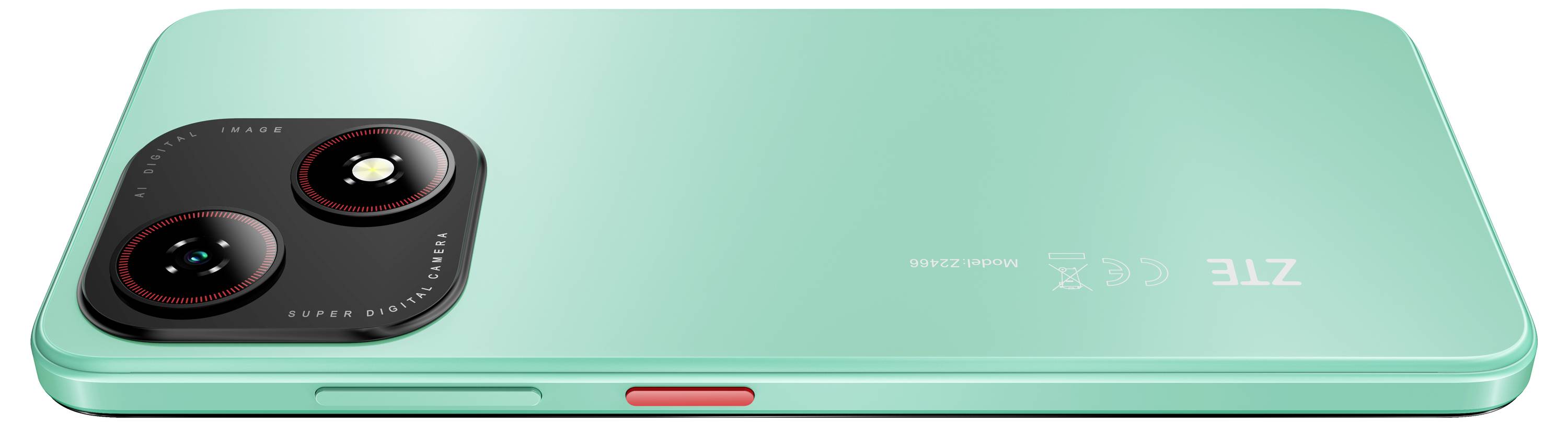 Een slanke, groenblauw gekleurde smartphone ligt horizontaal, waarbij de camermodule met twee lenzen en een LED-flitser aan de linkerbovenhoek zichtbaar is.