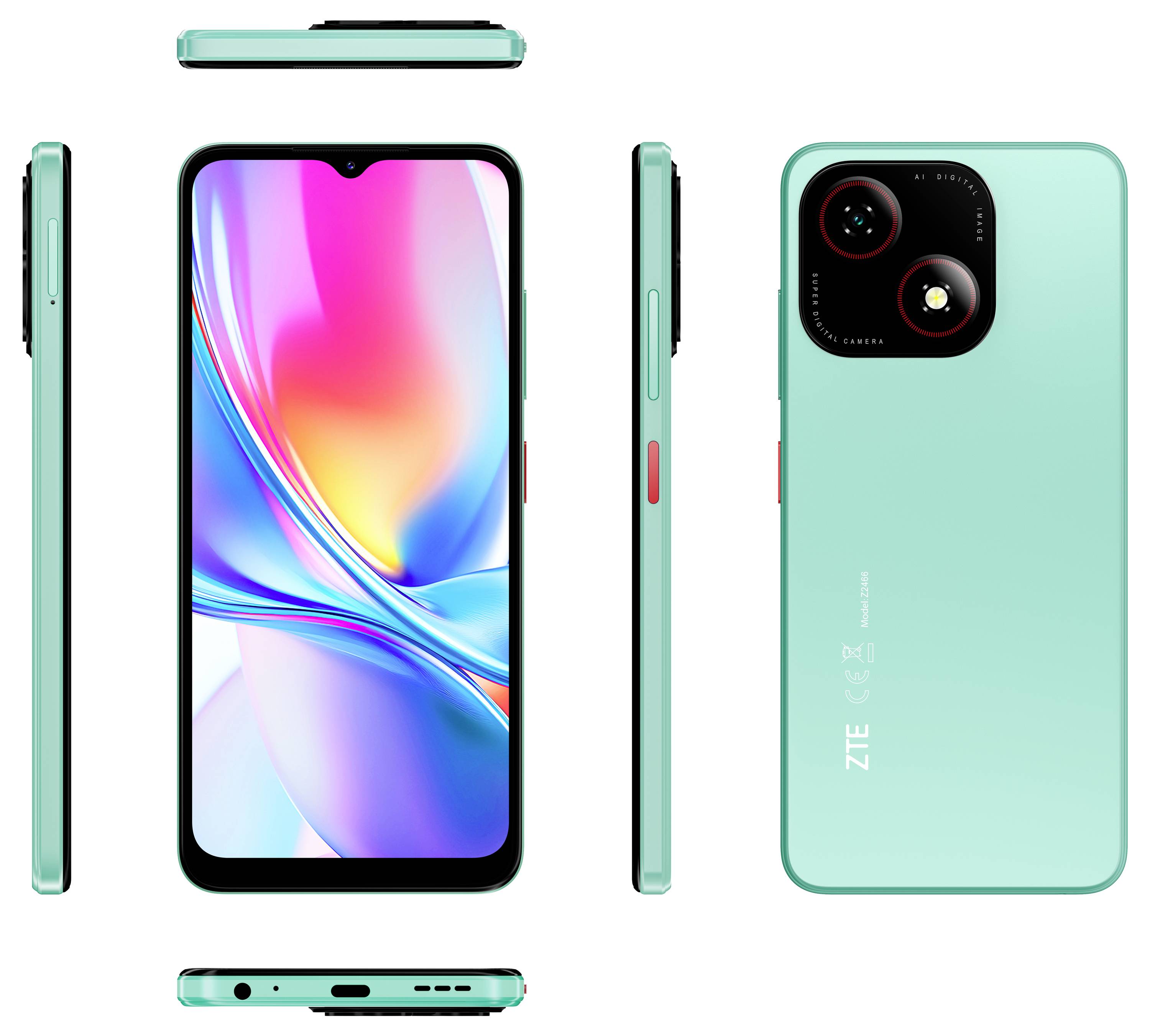 Voor-, zij- en achteraanzicht van een lichtgroene smartphone met een levendig scherm, dubbele achteruitcamera en 'ZTE'-logo op de achterkant.