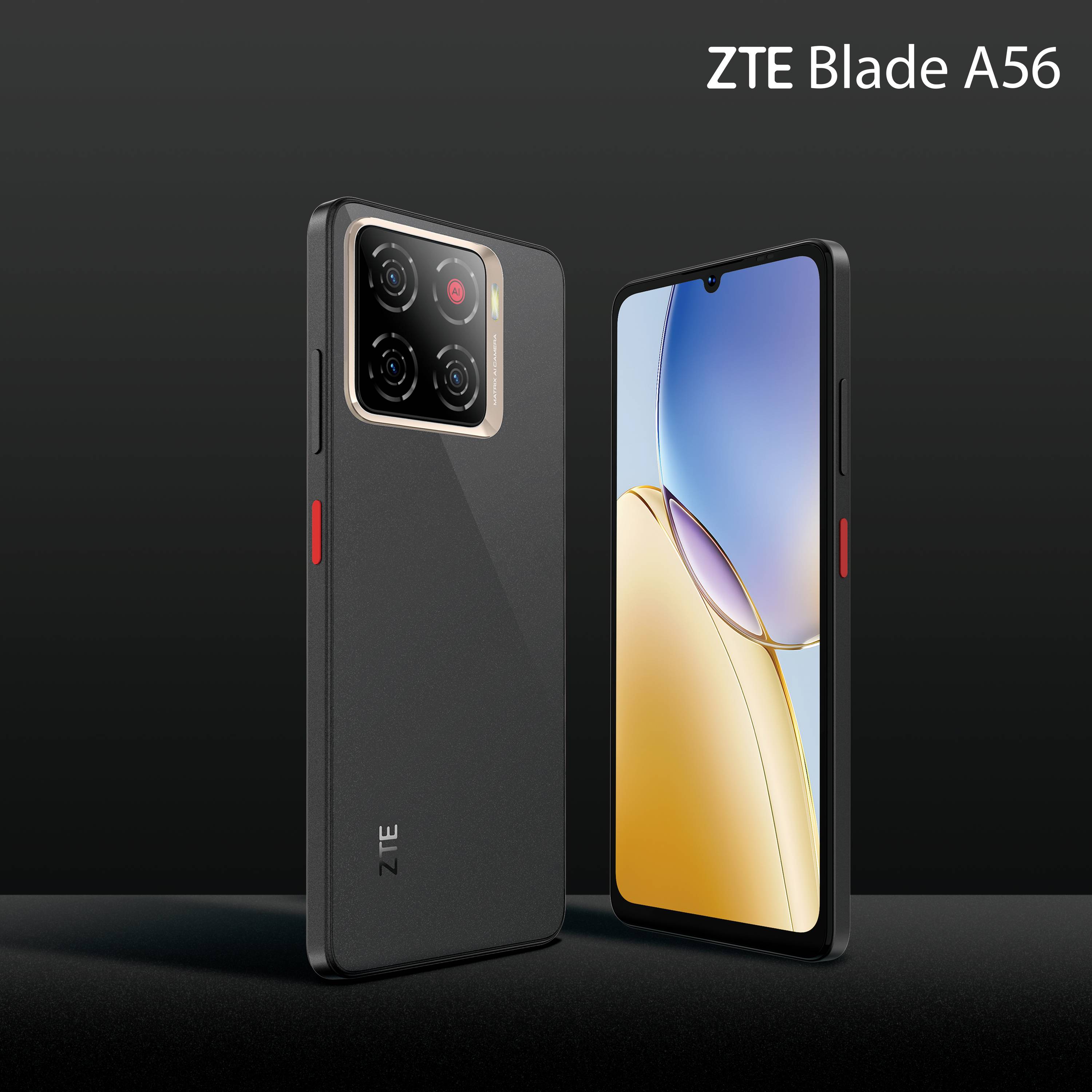 Twee ZTE Blade A56 smartphones worden getoond; een laat de achterkant met cameraconfiguratie zien, de andere toont het voorscherm met een abstracte achtergrond.