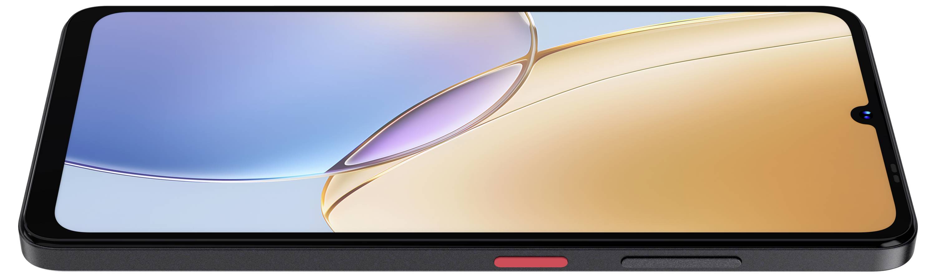 Een smartphone die plat ligt, met een kleurrijk scherm dat een levendige mix van blauw, paars en oranje tinten vertoont. De achtergrondverlichting weerkaatst zacht.