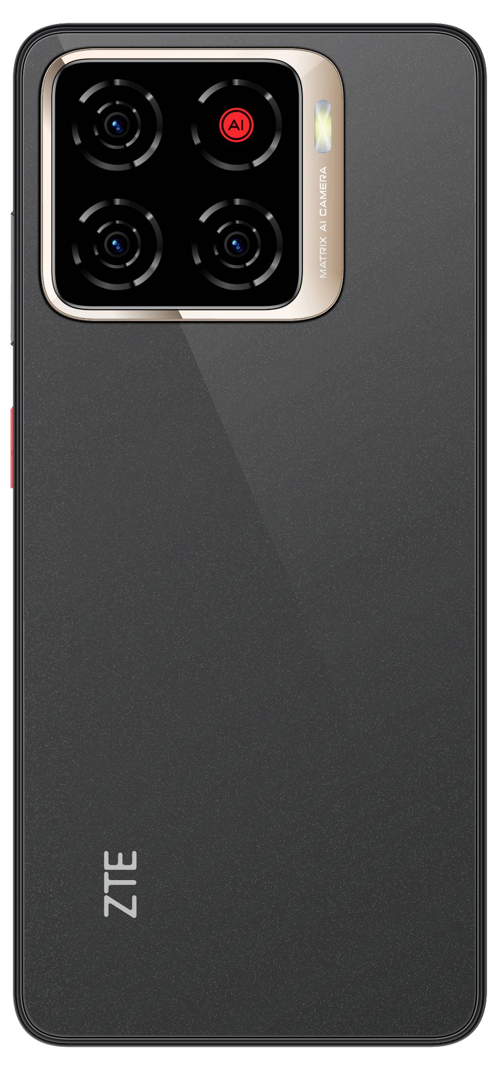Een zwarte smartphone met een rechthoekige cameramodule, uitgerust met vier lenzen en een flitser, met het 'ZTE'-logo onderaan.