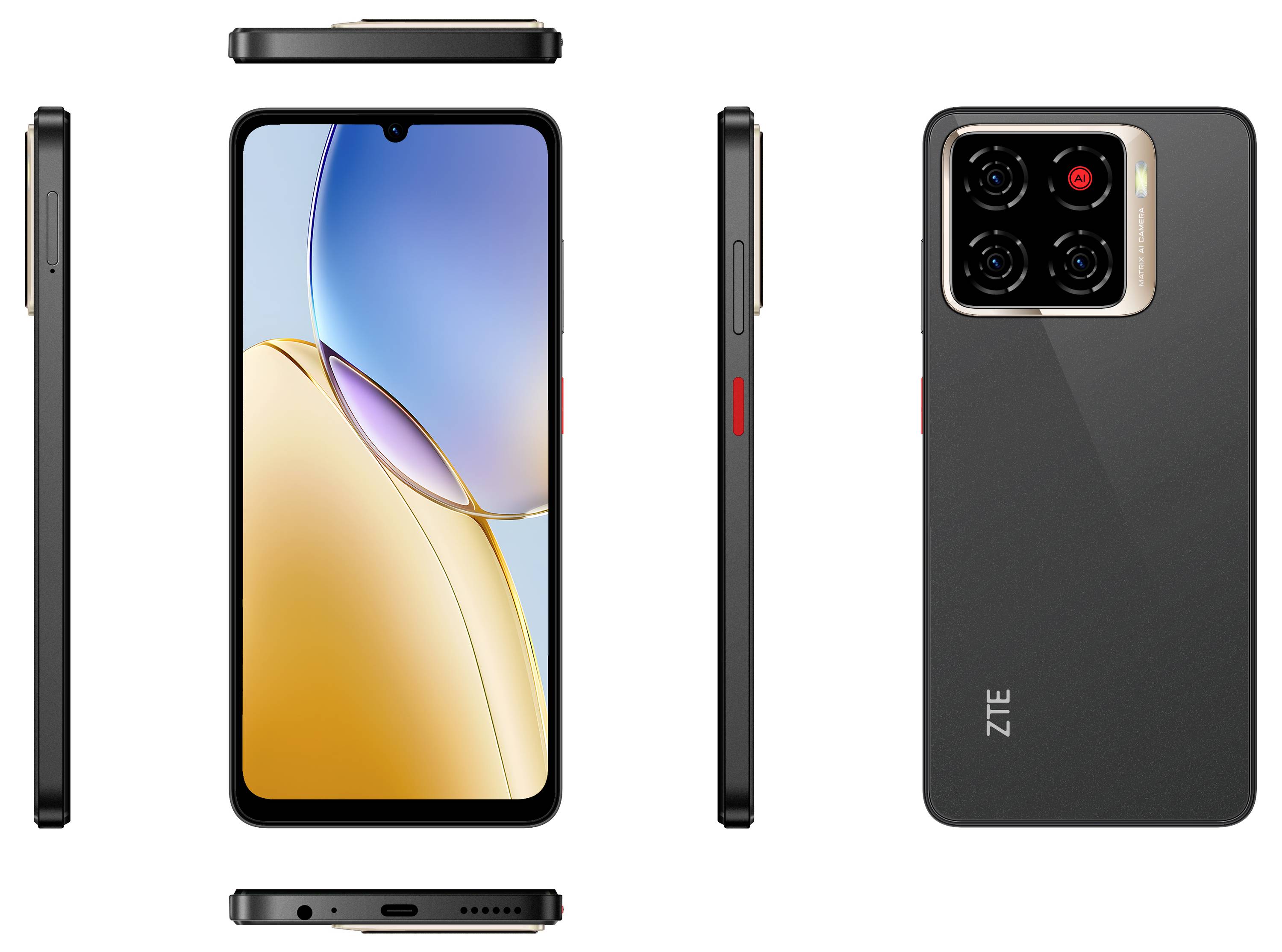 Vooraanzicht en achteraanzicht van een zwarte smartphone met drie camera's aan de achterkant en een notch-display. Zijaanzichten tonen knoppen en poorten. Merklogo 'ZTE'.