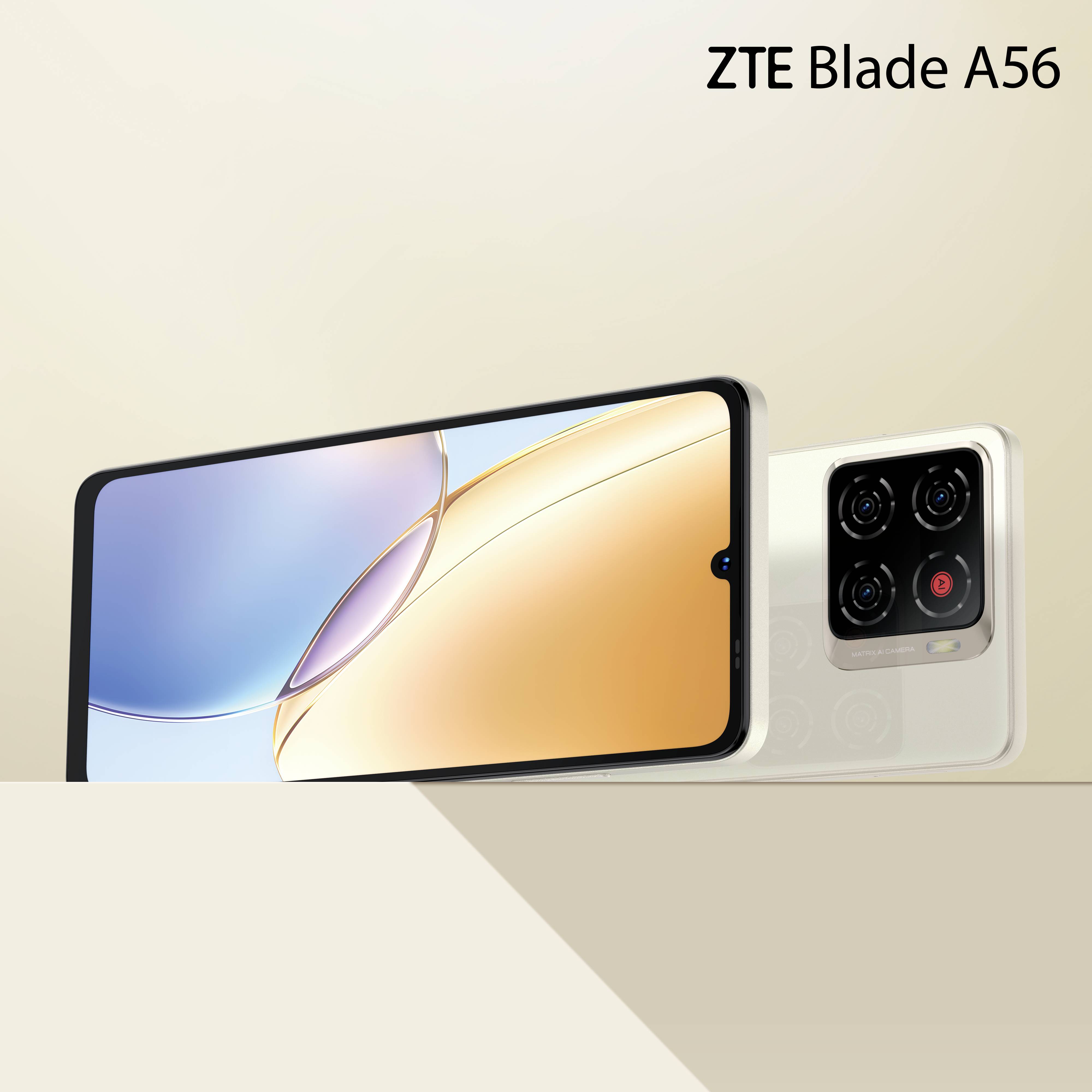 ZTE Blade A56 smartphone met een groot scherm en een drievoudige cameraconfiguratie aan de achterkant.