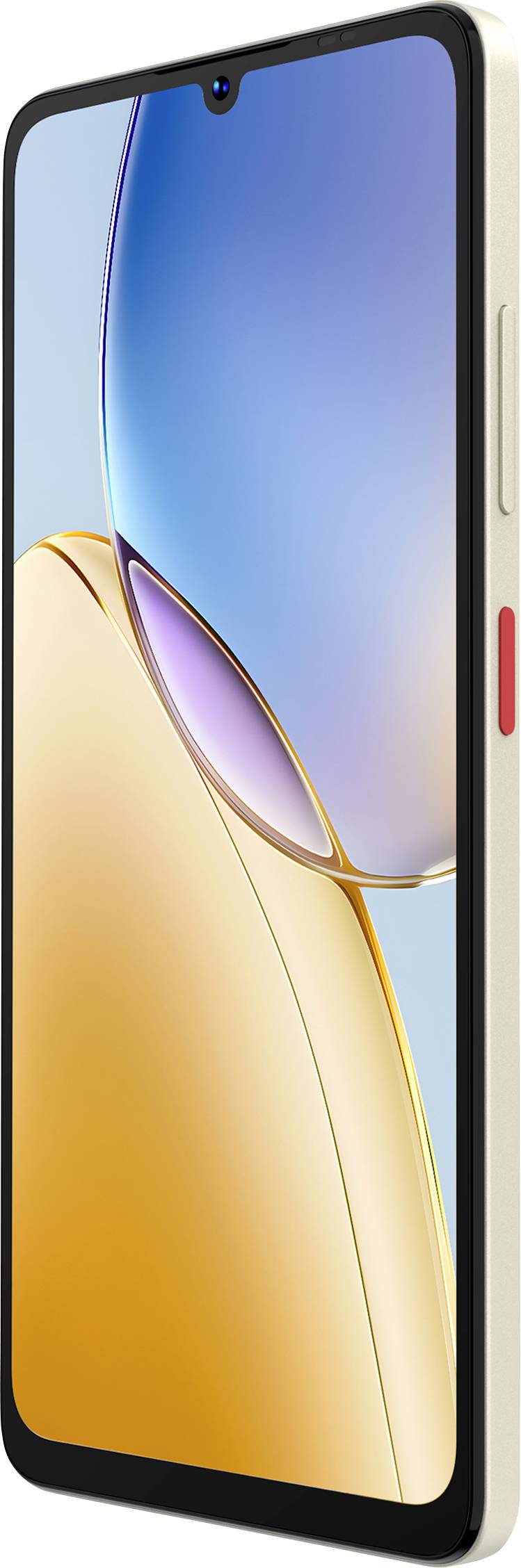 Een zijaanzicht van een smartphone met een display dat abstracte oranje en blauwe vormen op het scherm toont, met een rode aan/uit-knop.