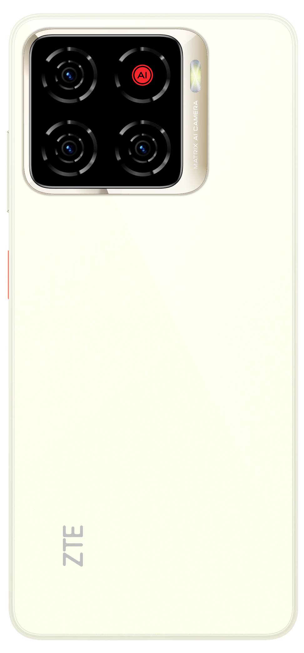 Een smartphone met een rechthoekige cameramodule met vier lenzen en een 'AI'-indicator, gepositioneerd linksboven op een witte achterkant.