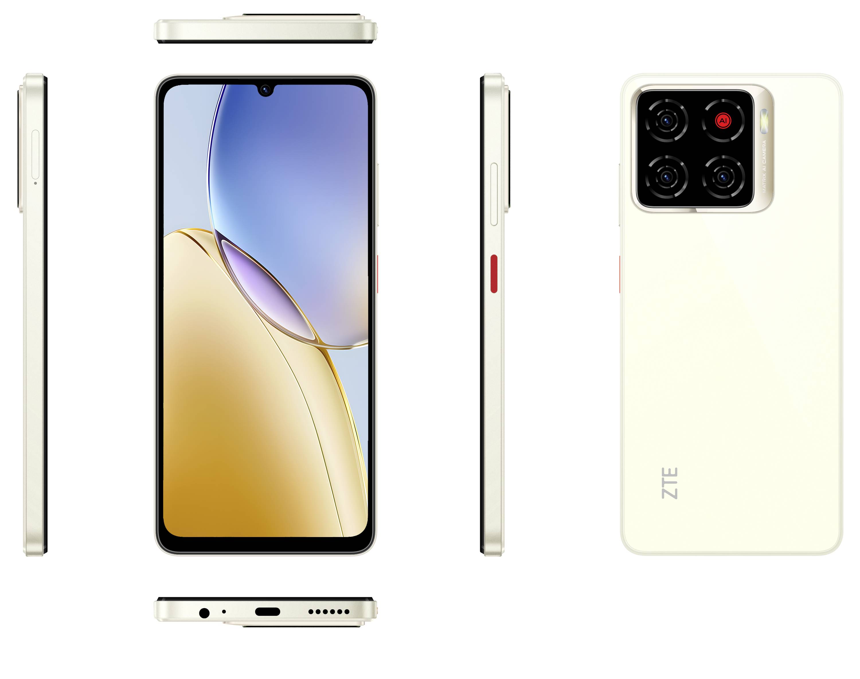 ZTE smartphone met quad-camerasysteem, vooraanzicht en zijaanzicht die het ontwerp tonen.