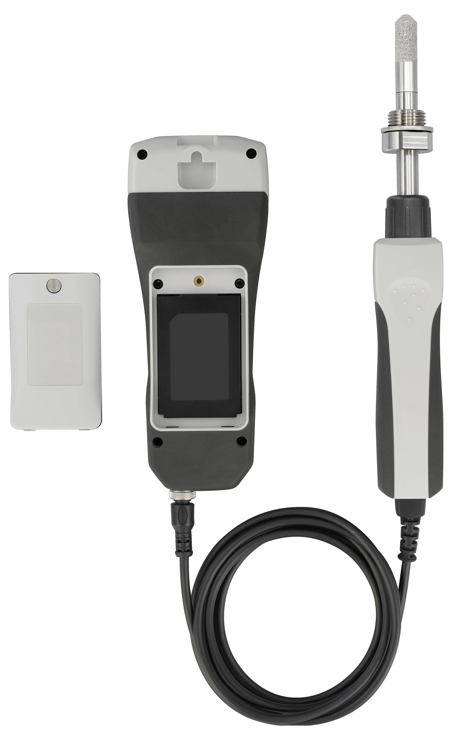 Een draagbaar elektronisch apparaat met een scherm, afneembare sonde, kabel en afzonderlijke batterijvoeding, gebruikt voor meet- en testdoeleinden.