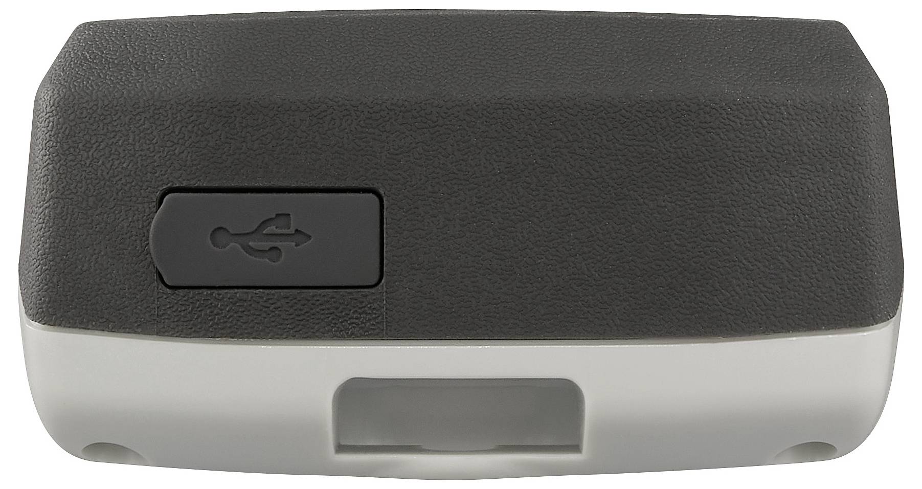 Een elektronisch apparaat met een USB-symbool op een zwart paneel, waarschijnlijk een USB-poort aan de voorkant aanduidend. De behuizing is grijs, met een kleine holte eronder.