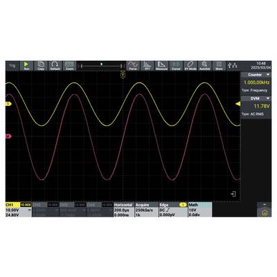 Golfvormgrafiek die twee sinusgolven weergeeft op een oscilloscoop, één in geel en een andere in rood. Frequentie is 1,00000 kHz; spanning is 11,78V.