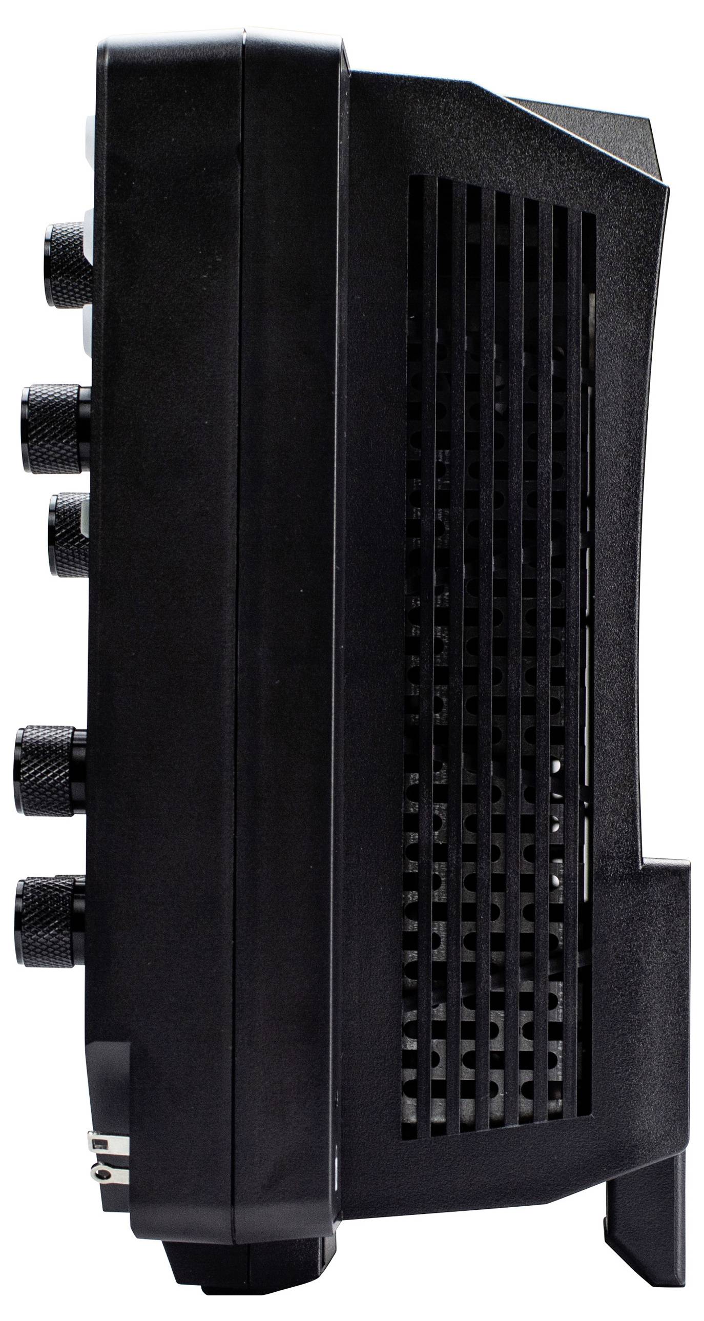 Een zwart elektronisch apparaat met meerdere knoppen aan de zijkant en een ventilatieopening aan de voorkant, gezien vanuit een zijhoek.