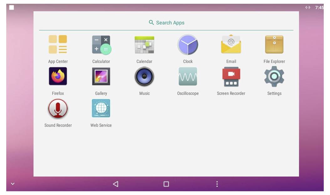 Een tablet-scherm met een raster van app-pictogrammen, waaronder Rekenmachine, Agenda, Klok, E-mail en Instellingen, met een 'Apps zoeken' balk bovenaan.