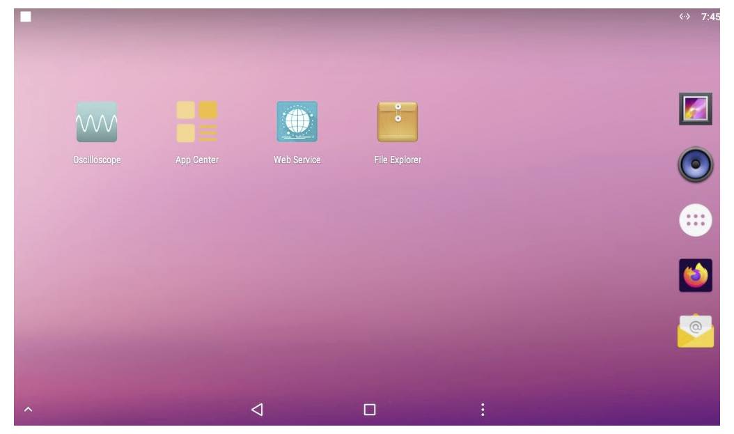 'Tablet-thuisscherm met pictogrammen voor DeskScope, App Center, Web Service en File Explorer op een roze achtergrond.'