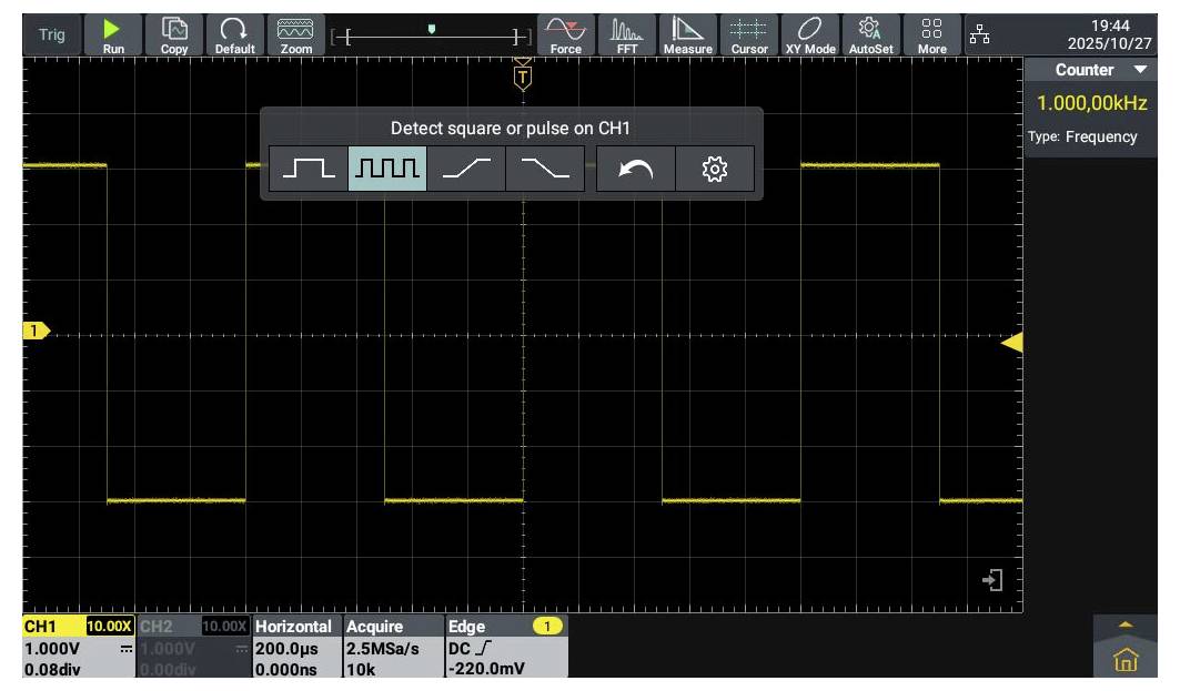 Een oscilloscoopscherm toont een golfvorm die een frequentie van 1.000 kHz aangeeft. Het gereedschapsmenu suggereert het detecteren van vierkante of puls golfvormen.