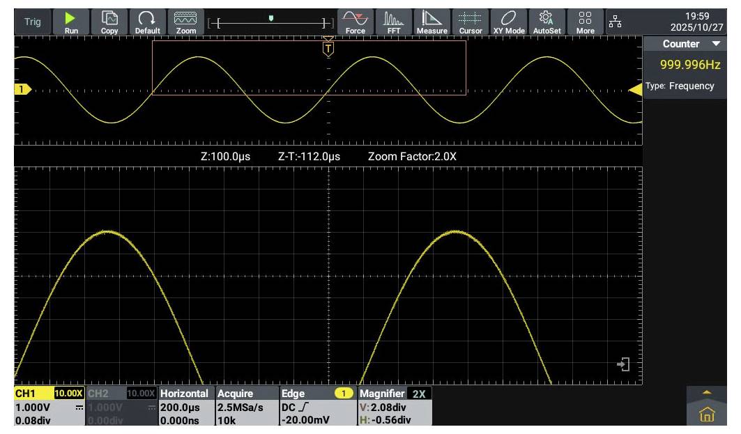 Oscilloscoop-display die een sinusgolf toont met frequentieprecisie van 999,996 Hz. Golfvormen bij zoomfactor 2,0X en frequentiedetails weergegeven.