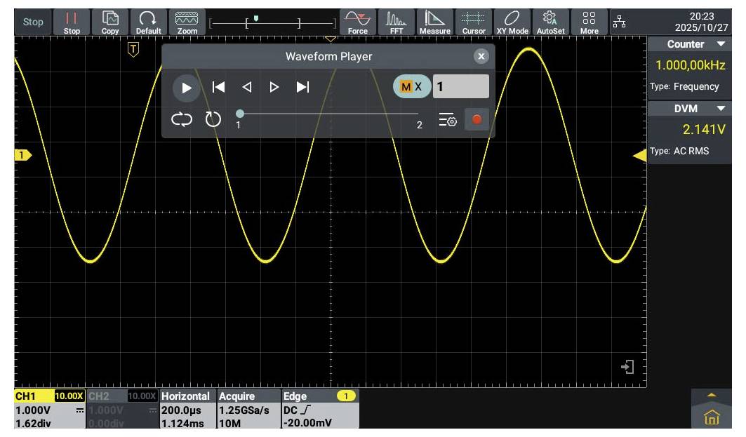 Oscilloscoop-scherm dat een sinusgolf toont met een frequentie van 1.000,00 kHz en een amplitude van 2,141V AC RMS. Tijdverdeling is 200 µs.