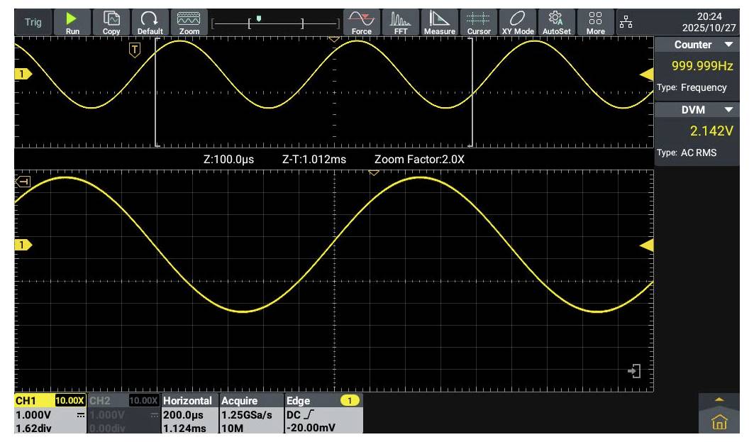 Een oscilloscoopscherm toont een sinusgolf met een frequentie van 999,999 Hz en een amplitude van 2,142 V. Zoomfactor is 2,0x.