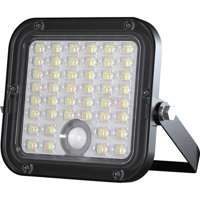 Een vierkante LED-schijnwerper met 42 felle lampen, gemonteerd op een verstelbare beugel, geschikt voor buitengebruik.