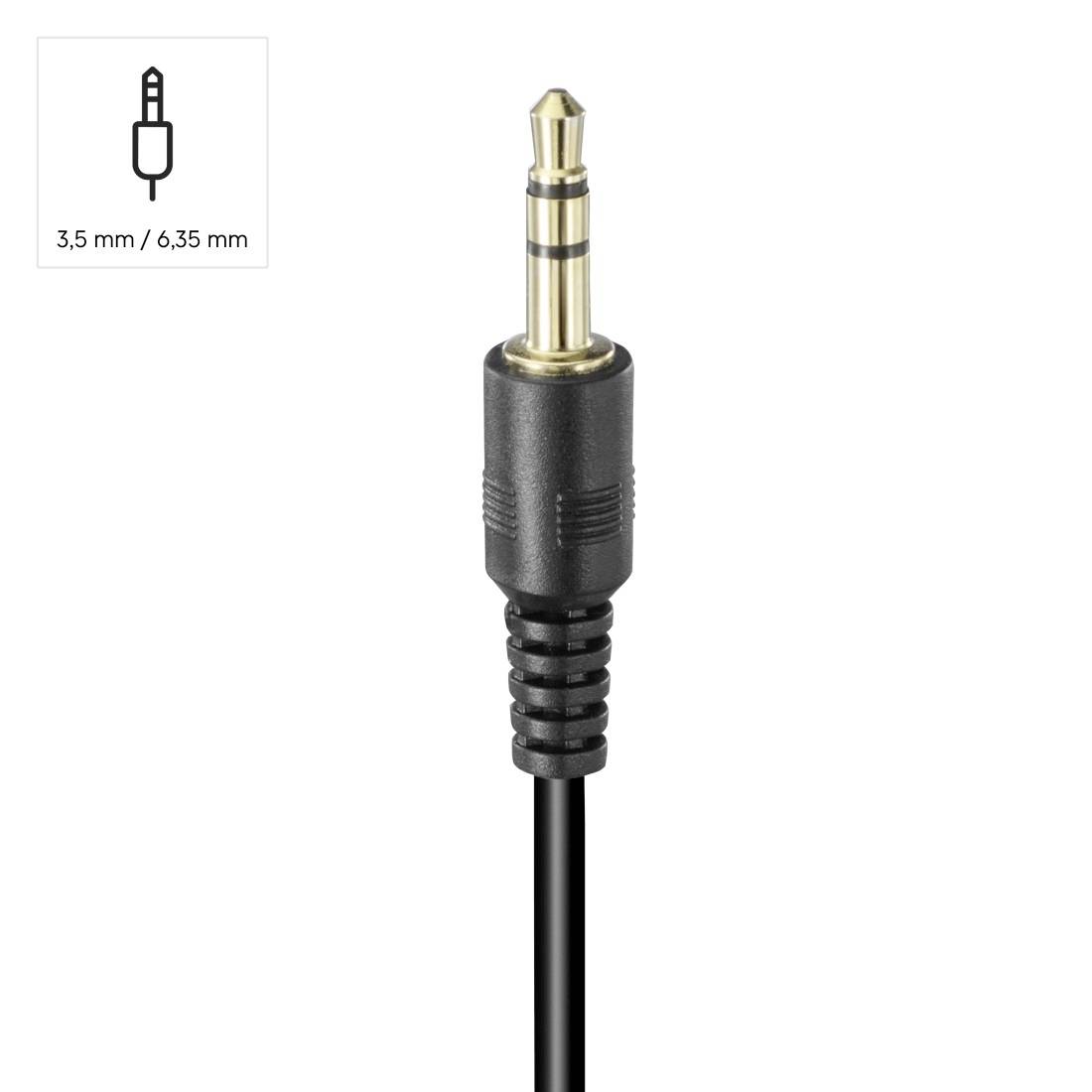 'Een zwarte en gouden 3,5 mm naar 6,35 mm audio-jack adapter om apparaten met verschillende poortformaten aan te sluiten.'