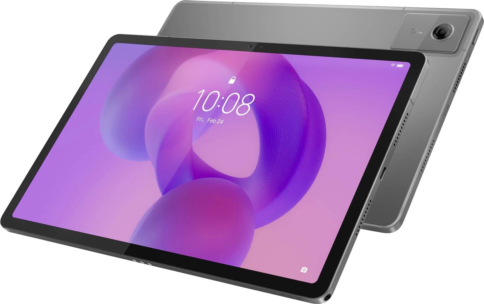 Een grijze tablet met een paars-roze zwevend behang, waarop de tijd '10:08' wordt weergegeven, staat onder een hoek om zowel het scherm als de achterkant te tonen.