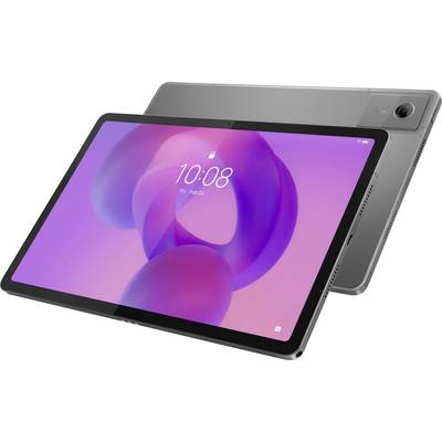 Een grijze tablet met een paars-roze zwevend behang, waarop de tijd '10:08' wordt weergegeven, staat onder een hoek om zowel het scherm als de achterkant te tonen.