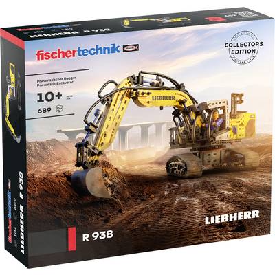 'Fischertechnik Pneumatische Graafmachine R 938' modelbouwset met een afbeelding van een gedetailleerde graafmachine in een bouwplaatsomgeving. Geschikt voor kinderen van 10 jaar en ouder, bevat 689 onderdelen.